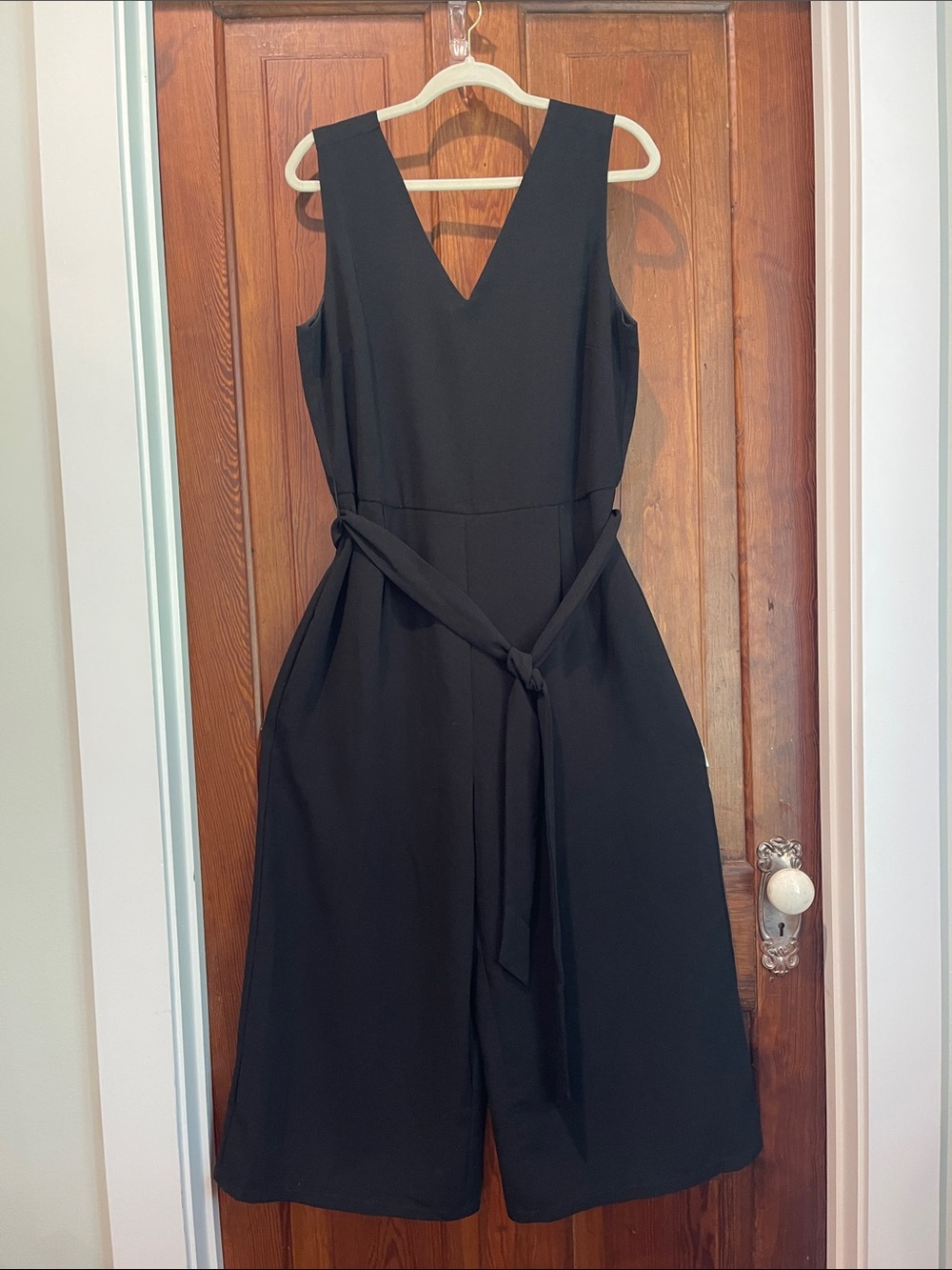 Mud Pie Black Sleeveless V-Neck Midi Jumpsuit with Waist Tie